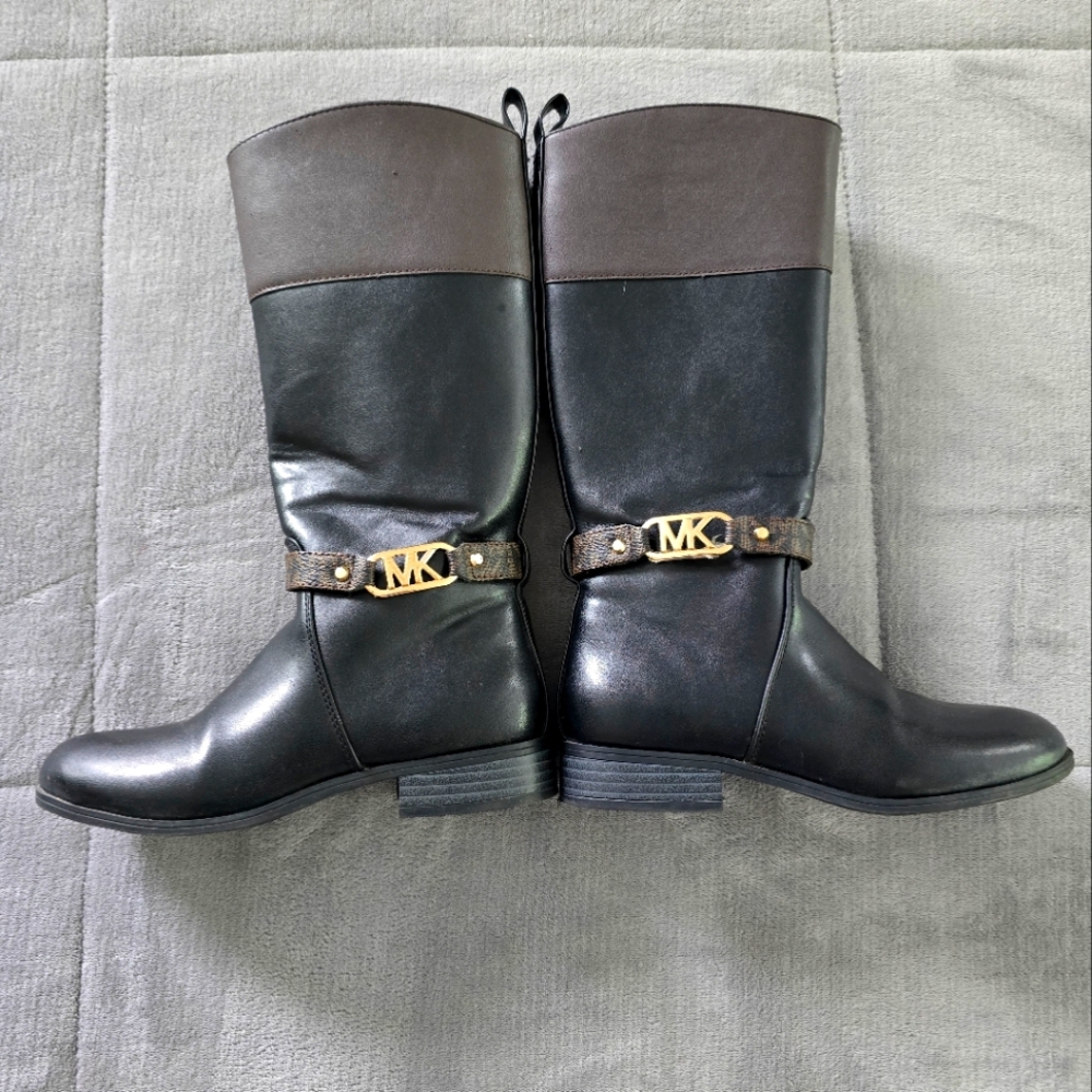 Michael Kors Black and Brown Leather Boots with Gold Accent